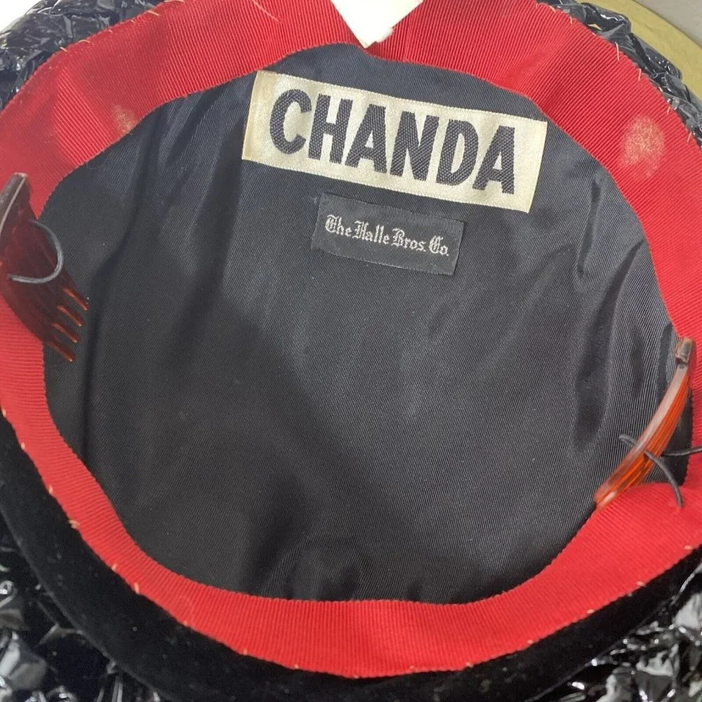 Chanda Boutique Black Hat Red pin Straw Netting Lined Combs Pillbox Hat Vintage